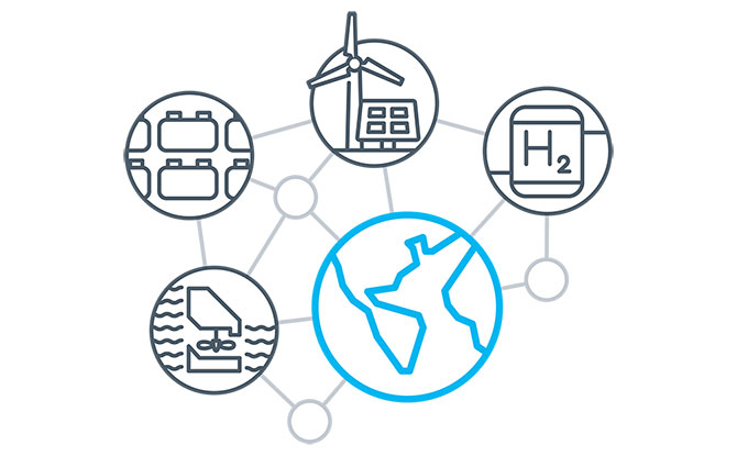 Graphic of five icons interconnected with lines, including hydrogen, batteries, pumped hydropower, wind, solar, and a globe to represent diverse storage technologies and how they contribute to the grid.