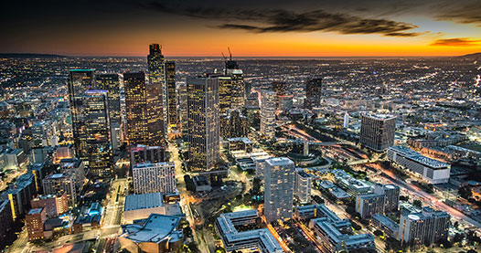 A cityscape at sunset