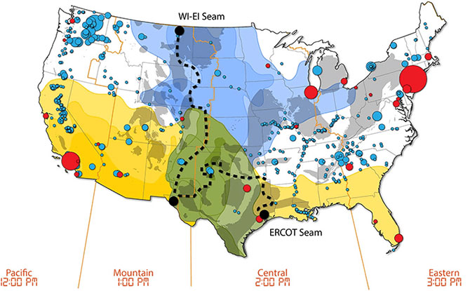 Map of the continental United States that reflects major power system regions and the strong solar resource across the South and Southwest and strong wind resources primarily in Texas and the Great Plains states.