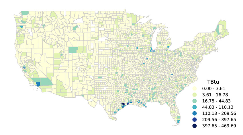 Map of U.S. process heat demand. Counties in Texas, Florida, California, Oregon, Iowa, Illinois, and Missouri have the highest demand.