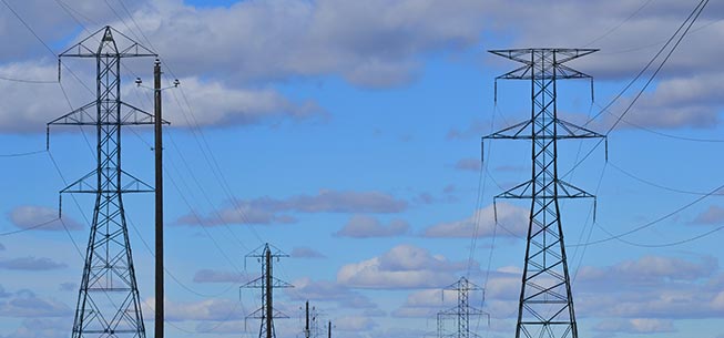 Rows of transmission towers.