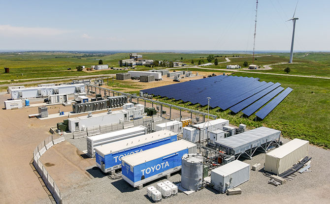 Aerial view of the hydrogen infrastructure and grid integration research pads at National Renewable Energy Laboratory’s (NREL’s) Flatirons Campus.