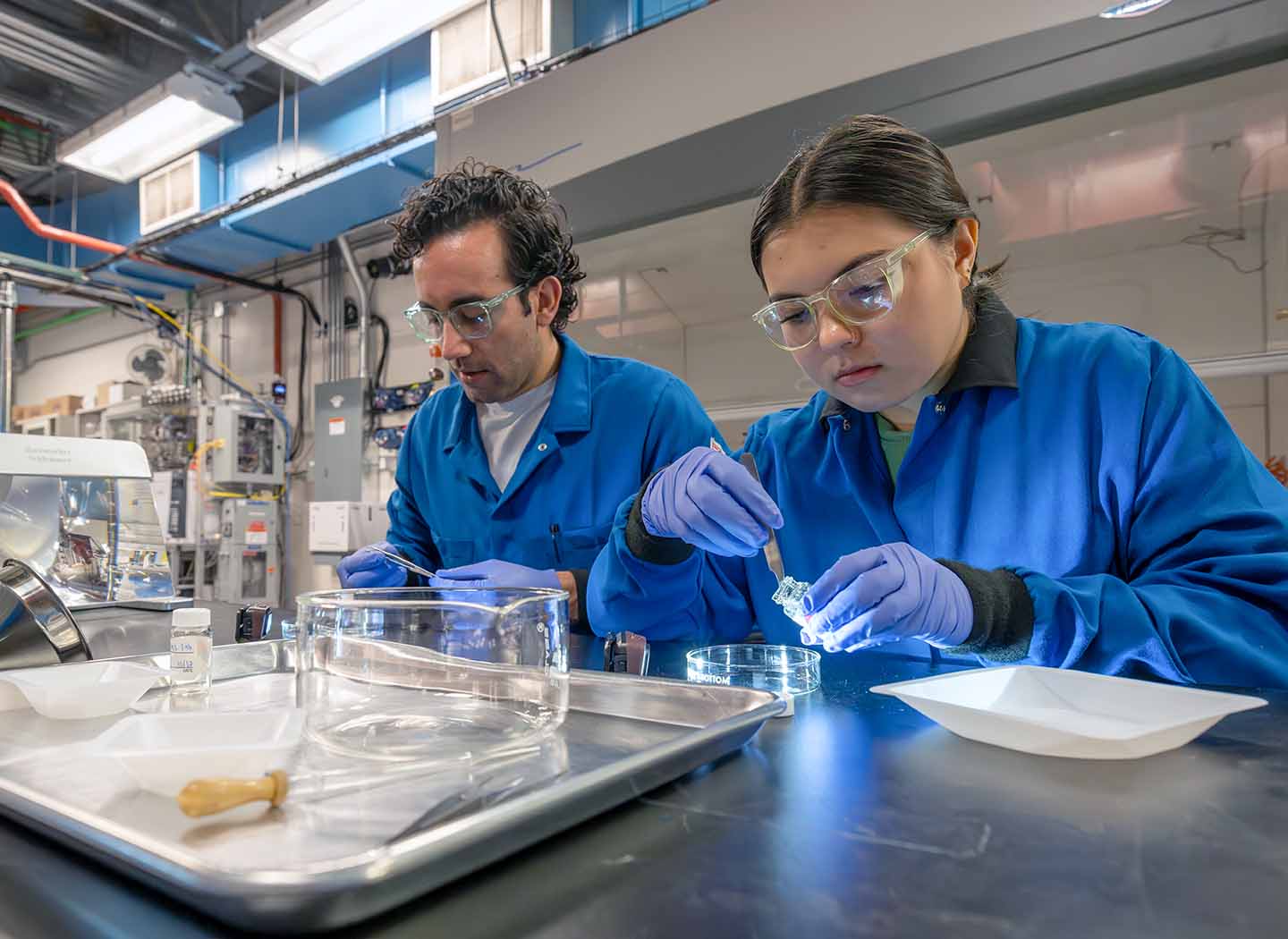 Two scientists wearing safety goggles work with Petri dishes in a lab.