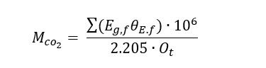 The mass flowrate of emitted CO2 (, kg per hour) during ethanol fermentation is defined by ethanol production (, 200MGY), CO2 emissions factor (, 6.6lb CO2 per gal ethanol) and operating hours per year (, 7884 hours per year) resulting in a value of 75,931 kg CO2/hr.