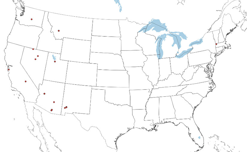 Map of the United States with data points in the western states