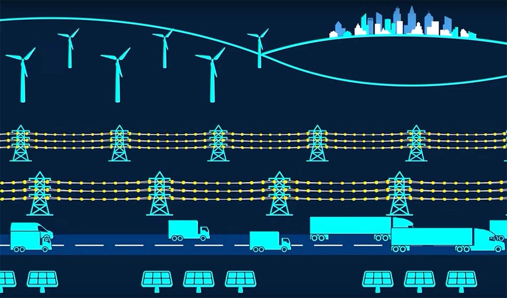 Illustration of a road with vehicles with solar panels, wind turbines, and a city in the background.