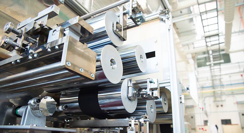 Up-close view of roll-to-roll processing machinery in a laboratory setting.