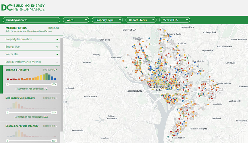 A screenshot from the Washington, D.C., Building Energy Performance data viewer on the Department of Energy & Environment website showing a map of Washington, D.C., and color-coded Energy STAR scores for the city's buildings