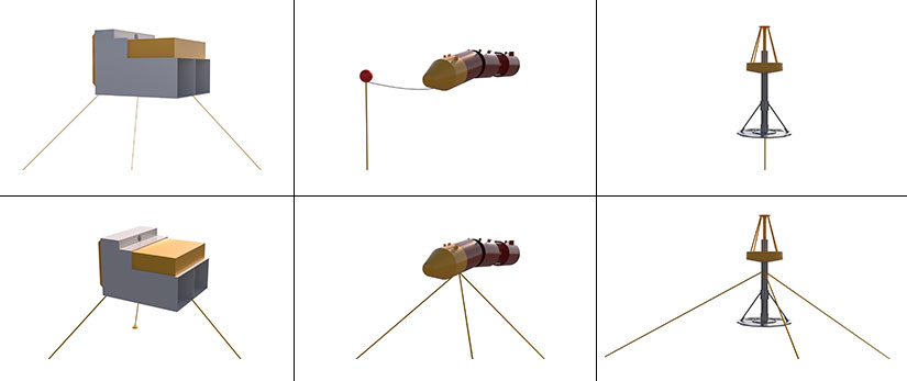 Three of the main types of wave energy device, each shown using two different types of mooring systems