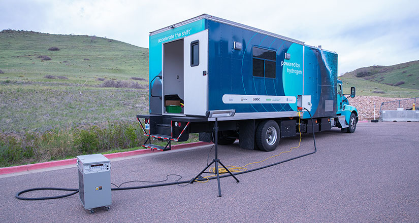 The H2Rescue vehicle is deployed, with a door swung open at the back of the truck open and a power unit and light set up behind the truck.