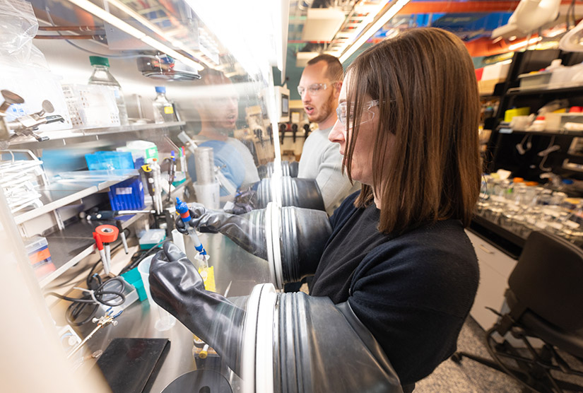 Two people in a lab working in a clear box using attached gloves.