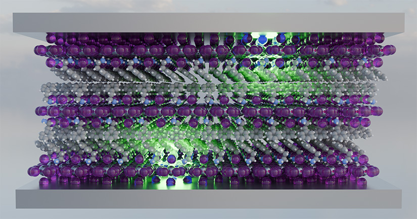 An artistic rendering of the two-dimensional perovskite PEPI in an optical cavity depicted by top and bottom mirrors.