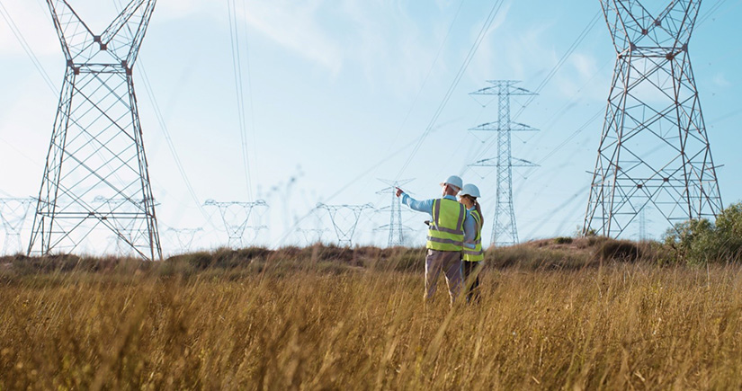 Photo of electrical workers inspecting transmission lines.