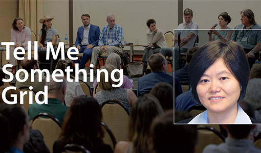 A photo of a collaborative meeting overlain by Yonghong Chen's headshot and text that reads Tell Me Something Grid.