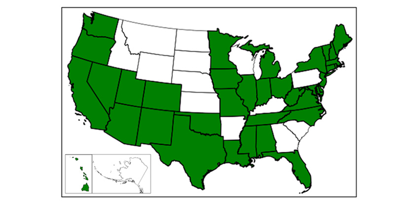 U.S. states with charge management deployments (shown in green).