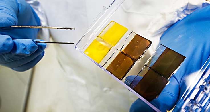 Scientist holds several perovskite cells he has made in his lab, using a precursor solution that converts from a liquid base to an absorber in a device.