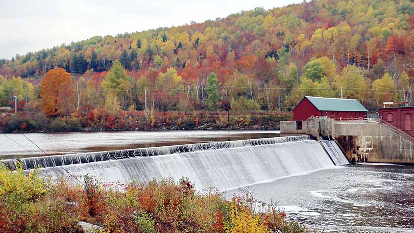 A small dam in a river surrounded by a forest creates a small, wide waterfall.