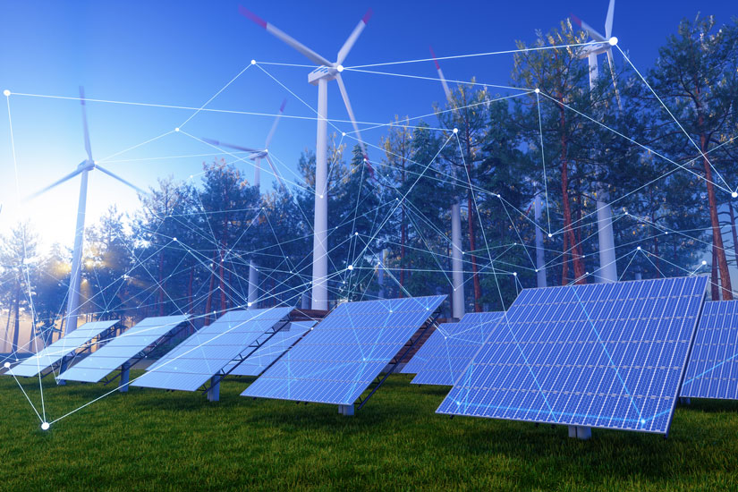 Solar panels and wind turbines with plexus and connection dots