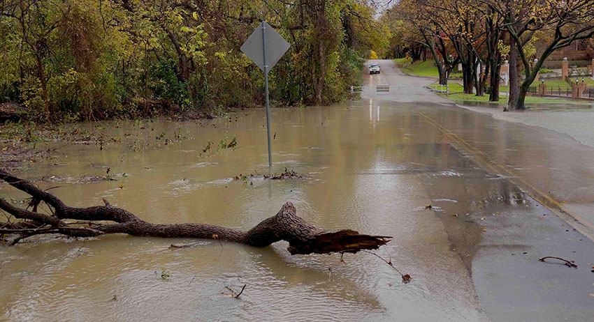 A flooded residential street