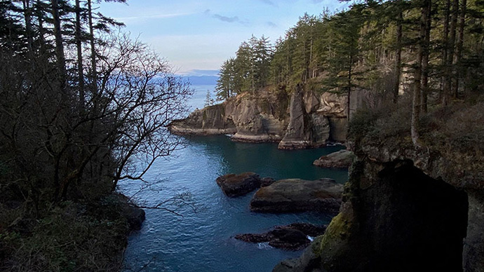 Trees and rocks frame an inlet connected to the ocean.