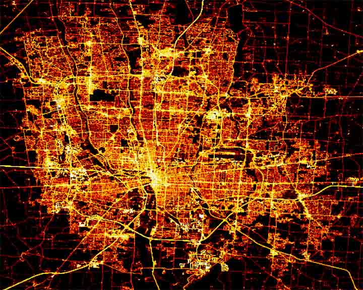 Transportation heat map in Columbus, Ohio. Areas of high transportation show in bright yellow, while lower transportation are a duller red.