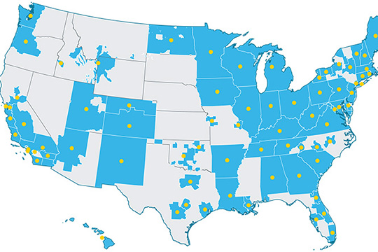 A map of the United States with states colored blue and gray marking locations of Clean Cities and Communities coalitions.