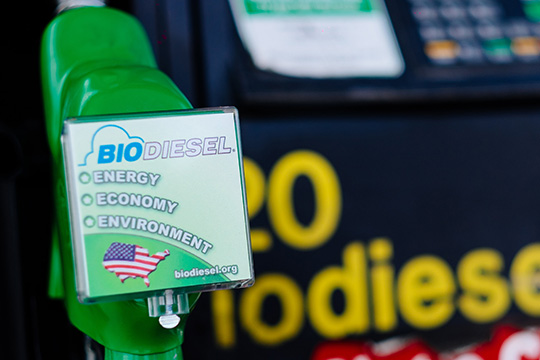 A green biodiesel fuel pump with the words energy, economy, and environment.