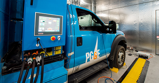 A Pacific Gas and Electric work truck in an environmental chamber for thermal testing.