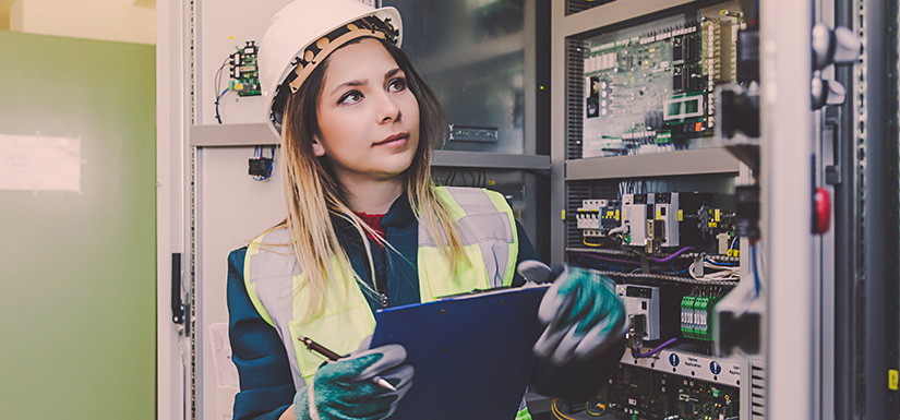 Person wearing hard hat, holding clipboard, looking at control panels.