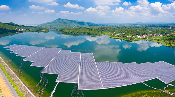 Aerial view of floating solar panels on a lake