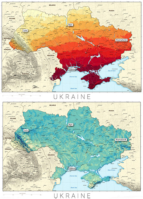 Map of Ukraine that shows average amount of sunlight across the country on the top. Map of Ukraine that shows average amount of wind across the country on the bottom.